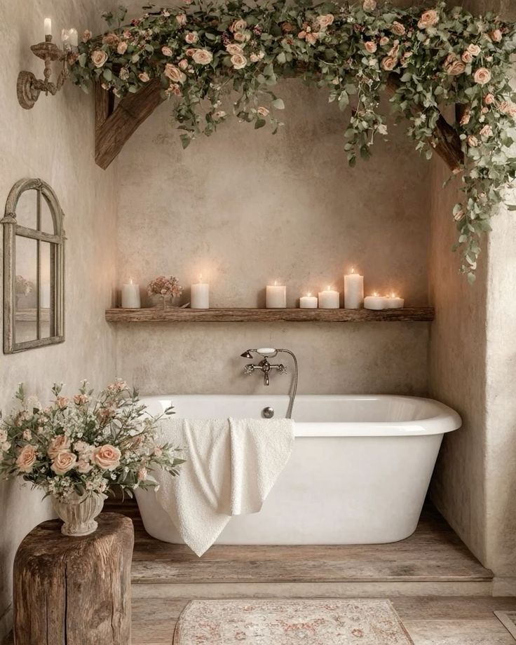 Vintage bath with candles, roses and a folded towel