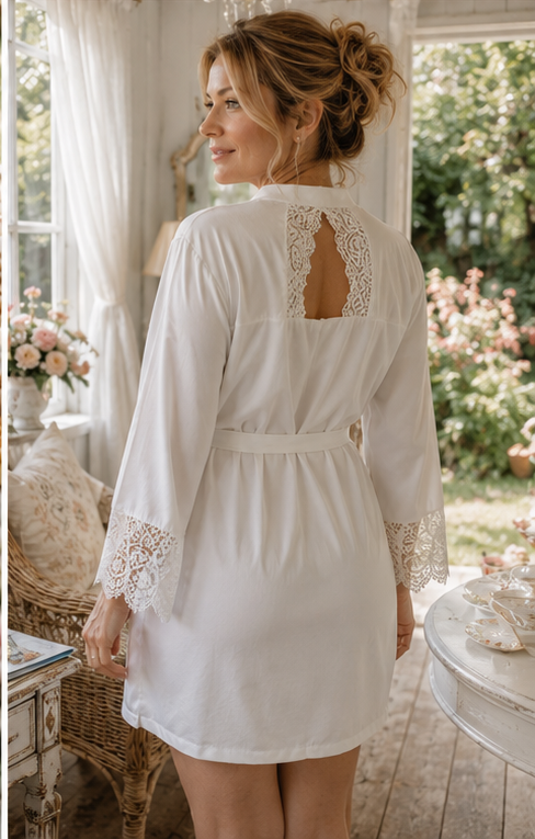 Model in a white satin robe with lace keyhole back in a sunlit garden room