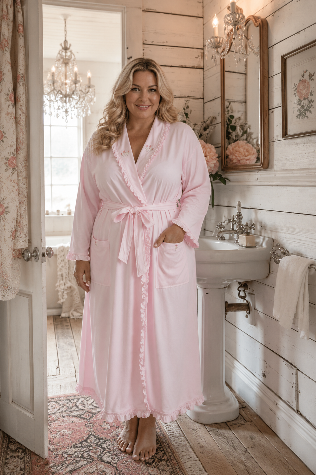 Model wearing a soft pink ruffled robe in a vintage cottage bathroom