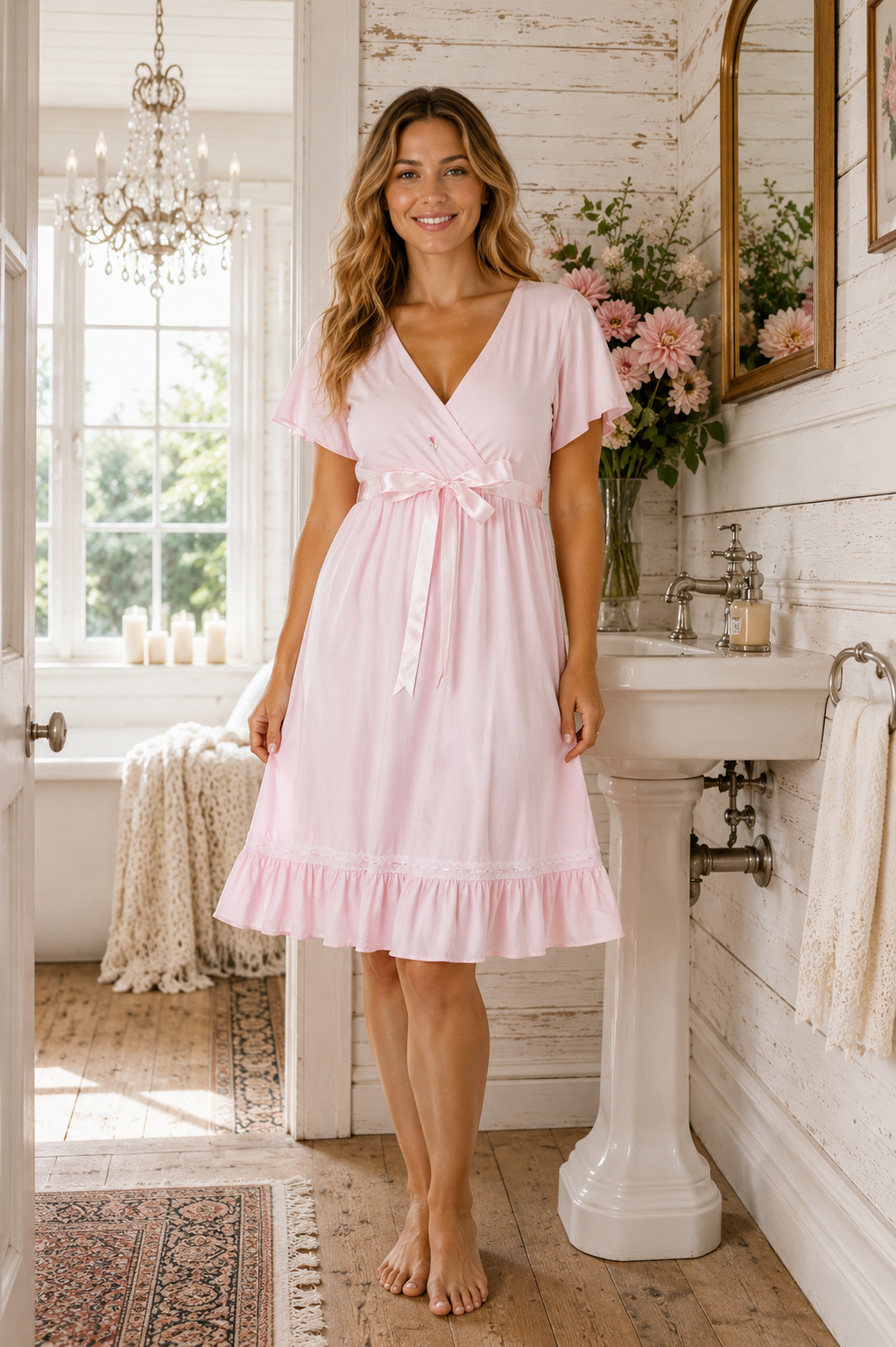 Model wearing a soft pink cotton nightie with a ribbon tie