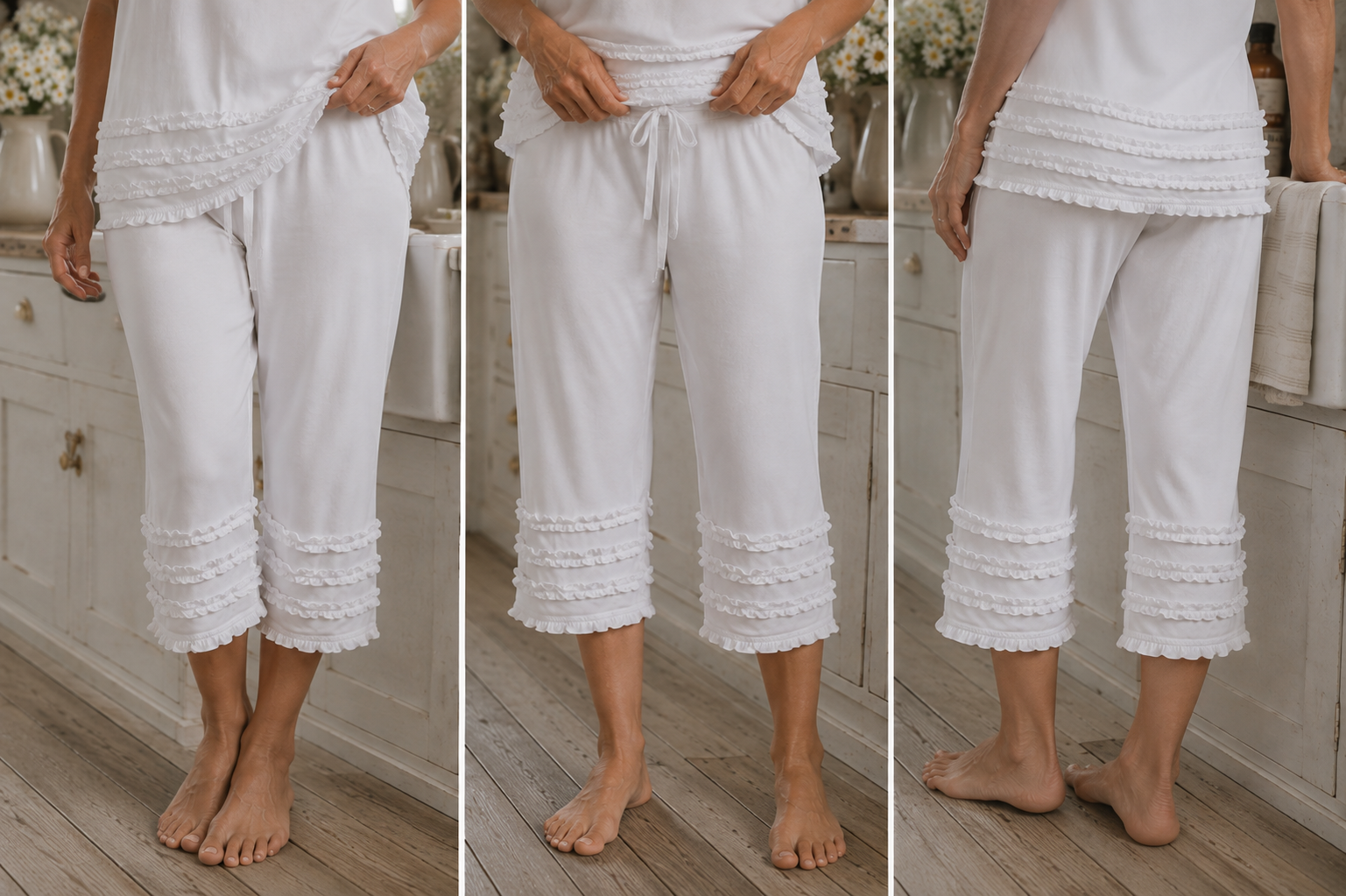 Close-up of the drawstring waist and tiered ruffle cuffs on the pyjama pant