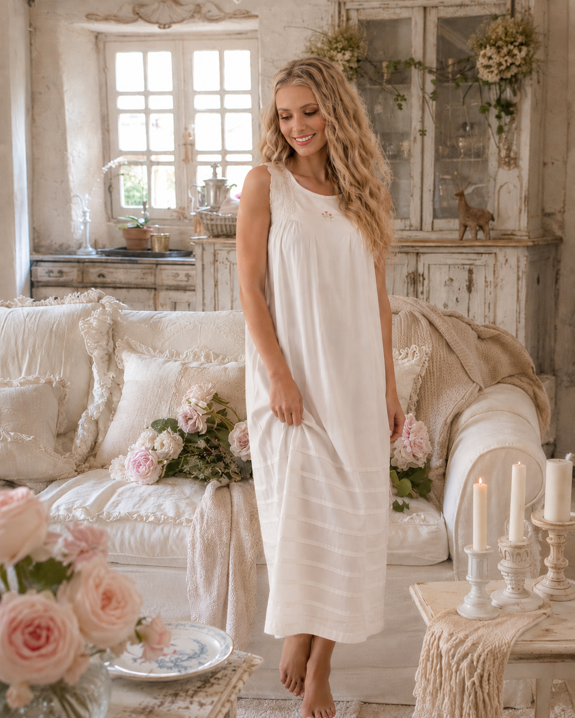 Model in a long ivory cotton nightdress in a rose-filled sitting room