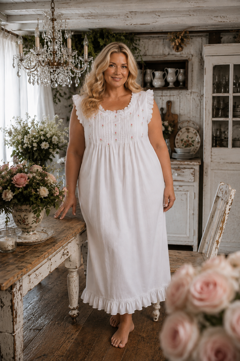 Model wearing a white cotton embroidered nightie in a country kitchen