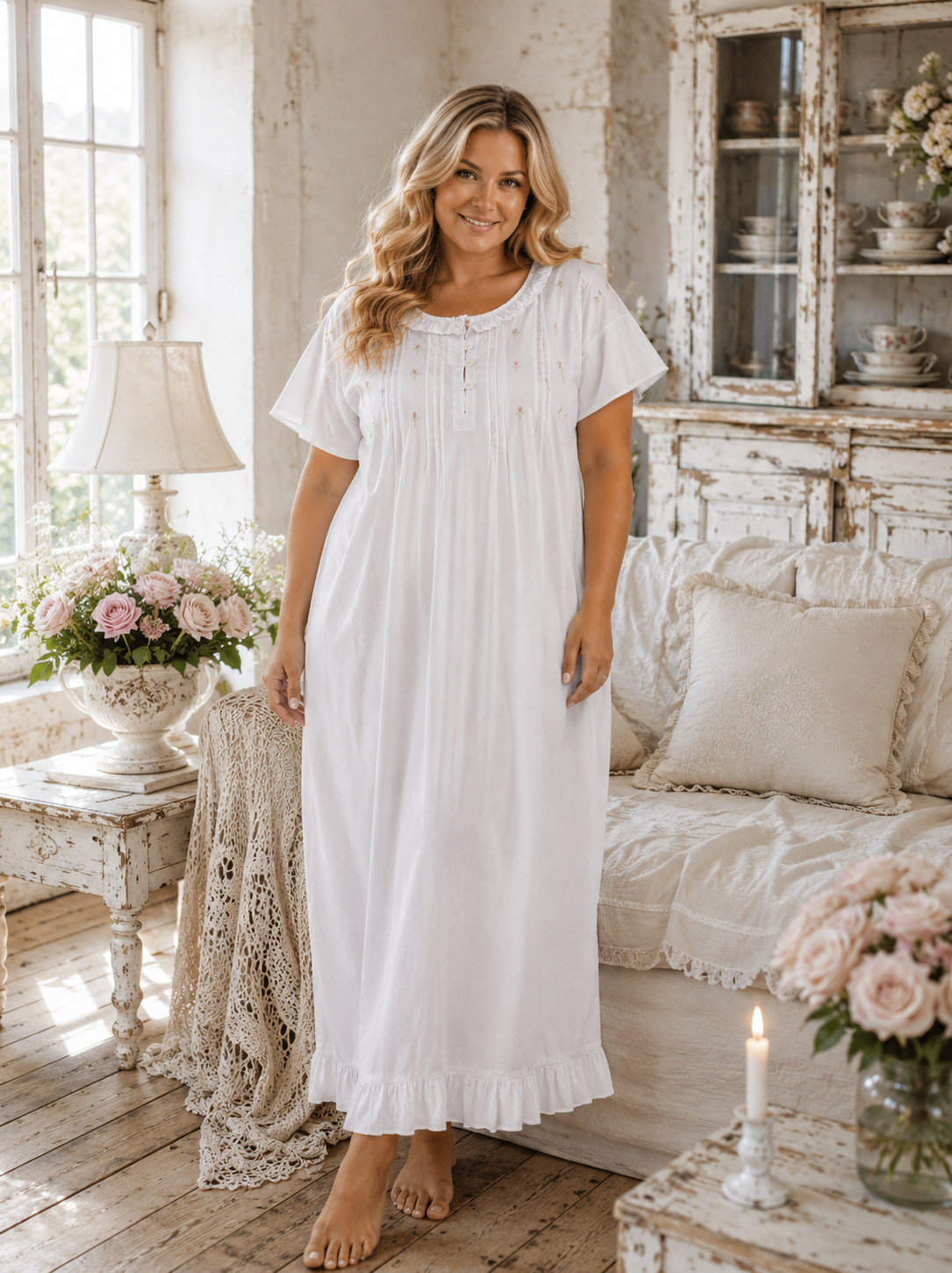Model wearing a long white cotton nightgown with ruffle trim in a cottage room