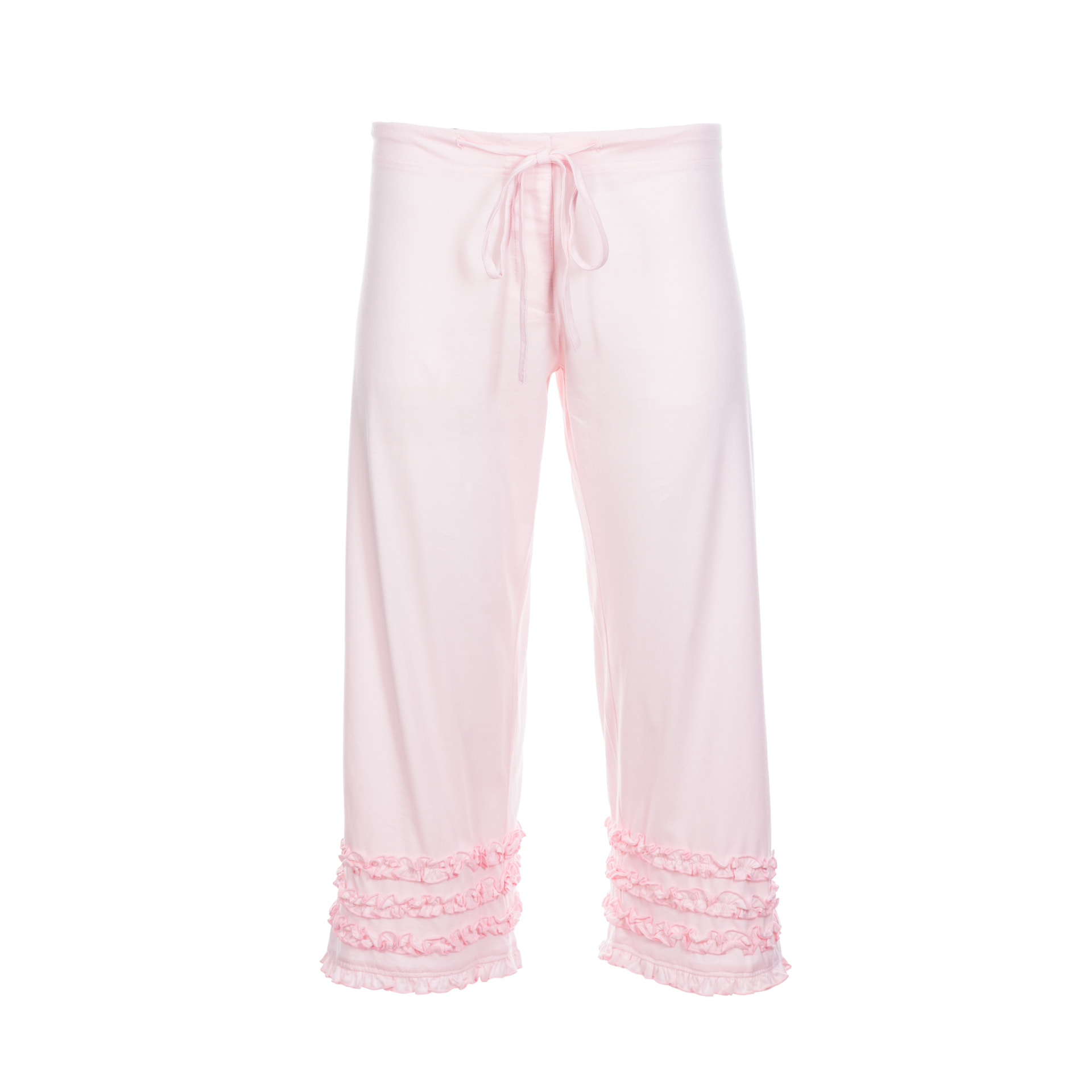 Front of the June pyjama pants with drawstring tie and ruffled cuffs