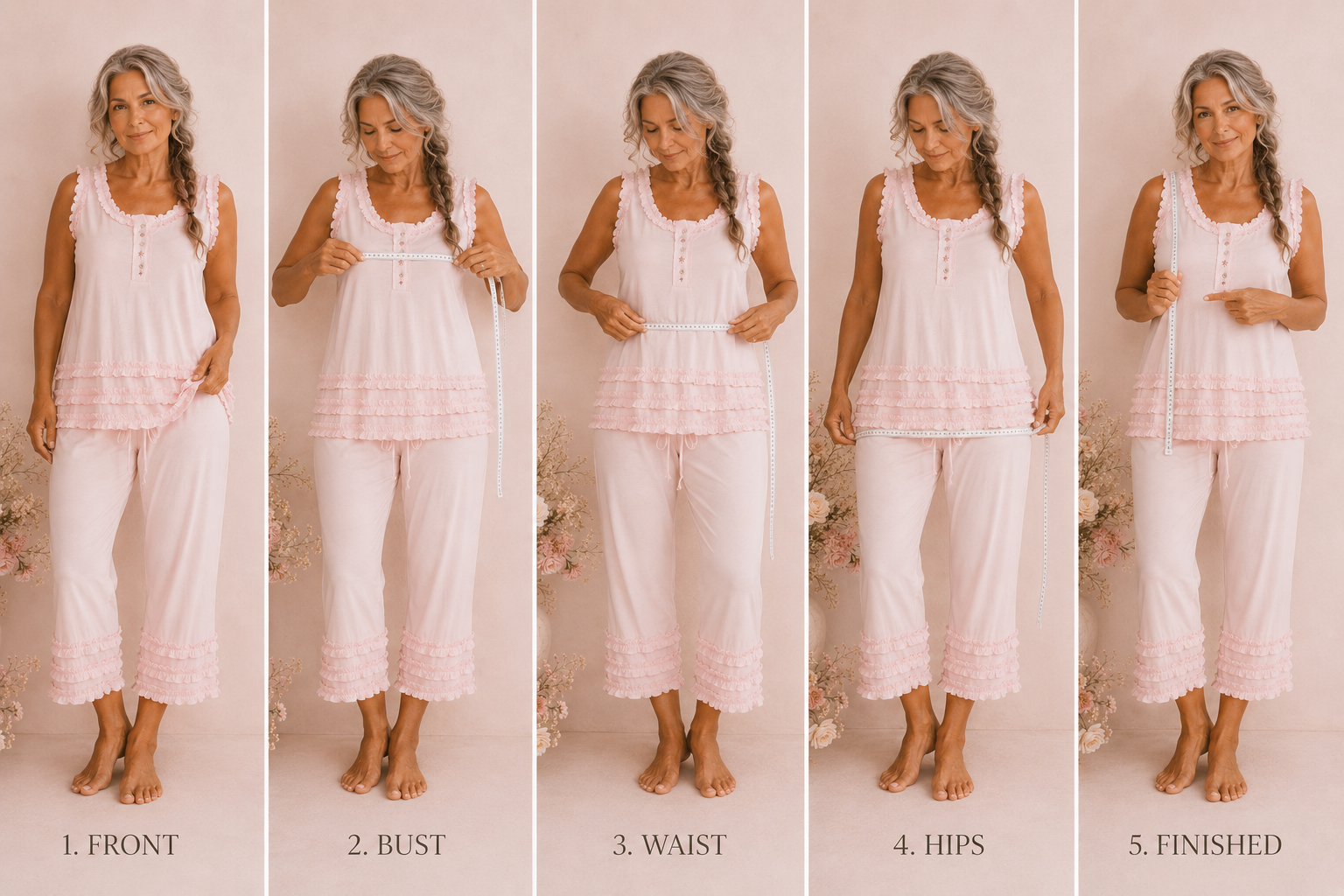 Illustrated steps showing where to place a tape measure for bust, waist and hip measurements