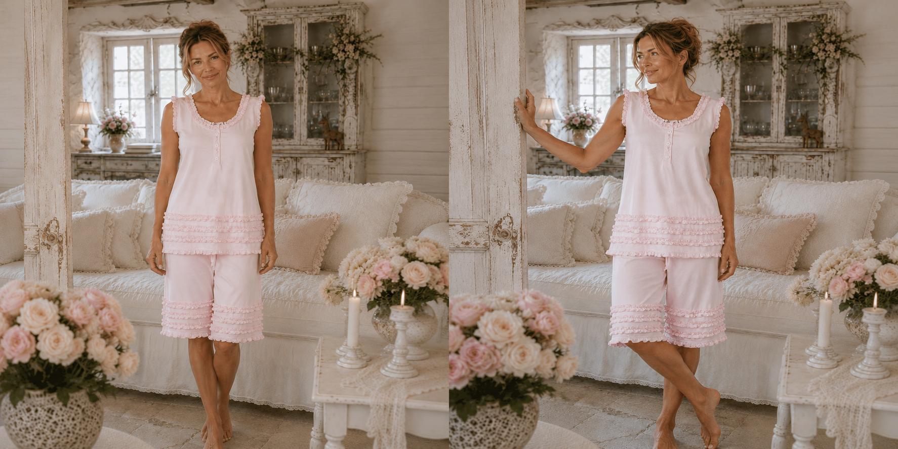 Model wearing pink ruffled cotton pyjamas in a cottage living room