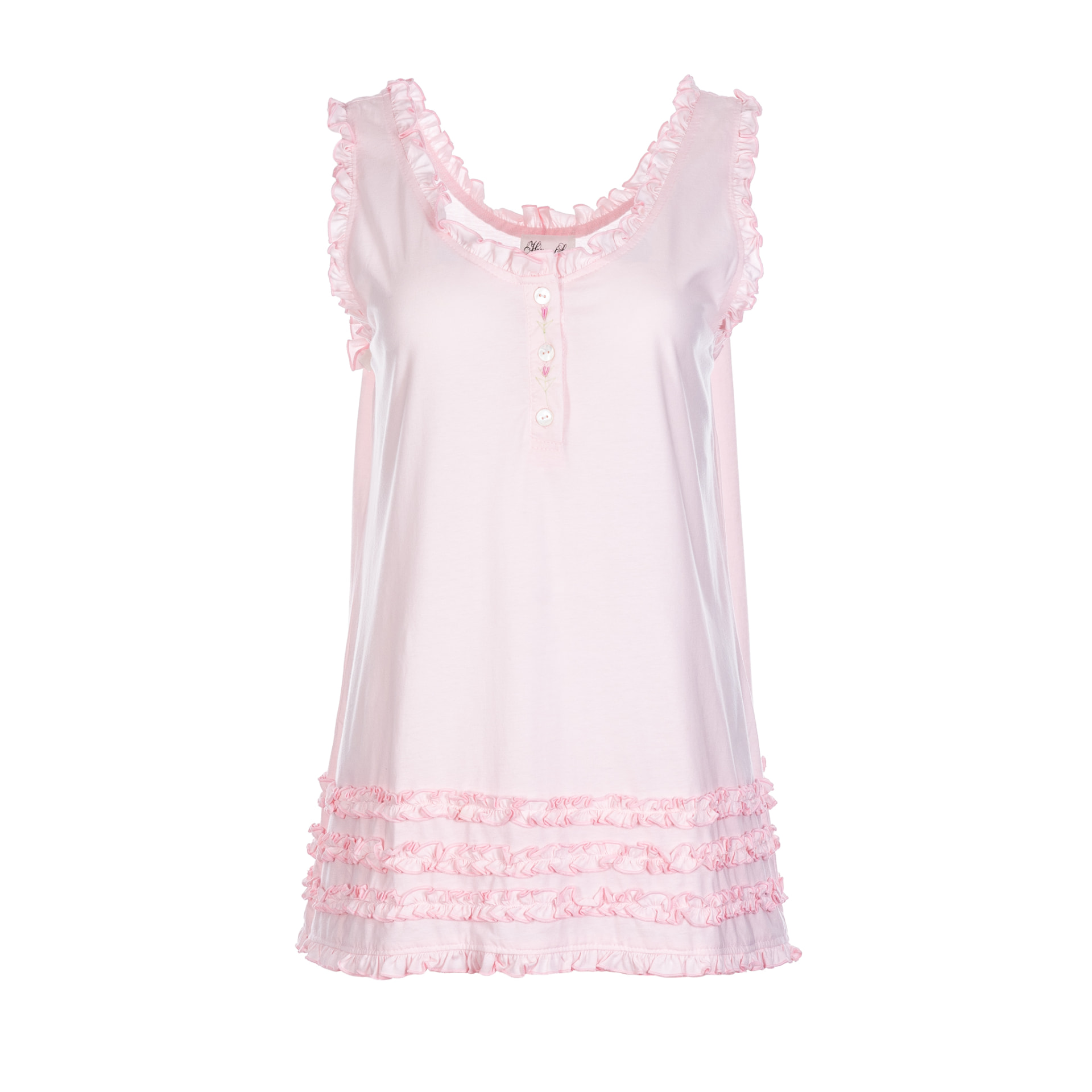 Front of the June pyjama top with ruffled neckline and tiered ruffle hem