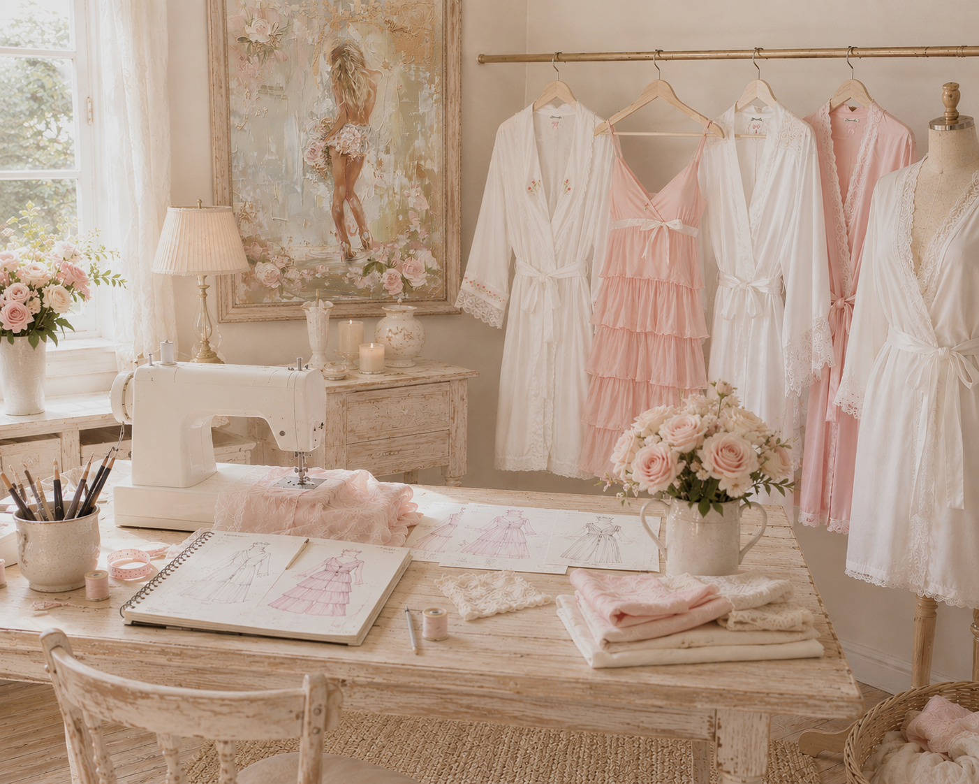 Heaven Sent Pretty atelier — cotton robes and nighties on a rail beside a sewing table with sketches, lace and roses