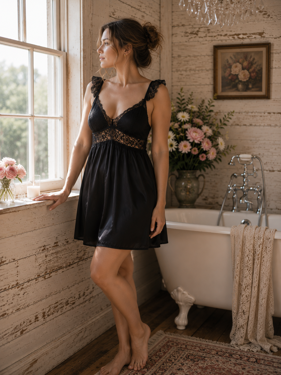 Model wearing a black lace-trimmed cotton nightie by a cottage window