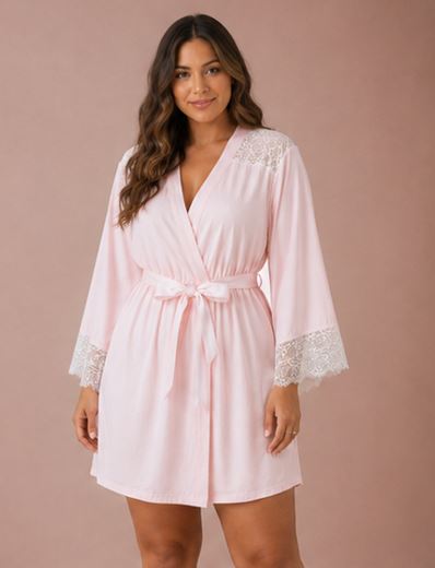 Model wearing the Rosey pink cotton robe with lace trim