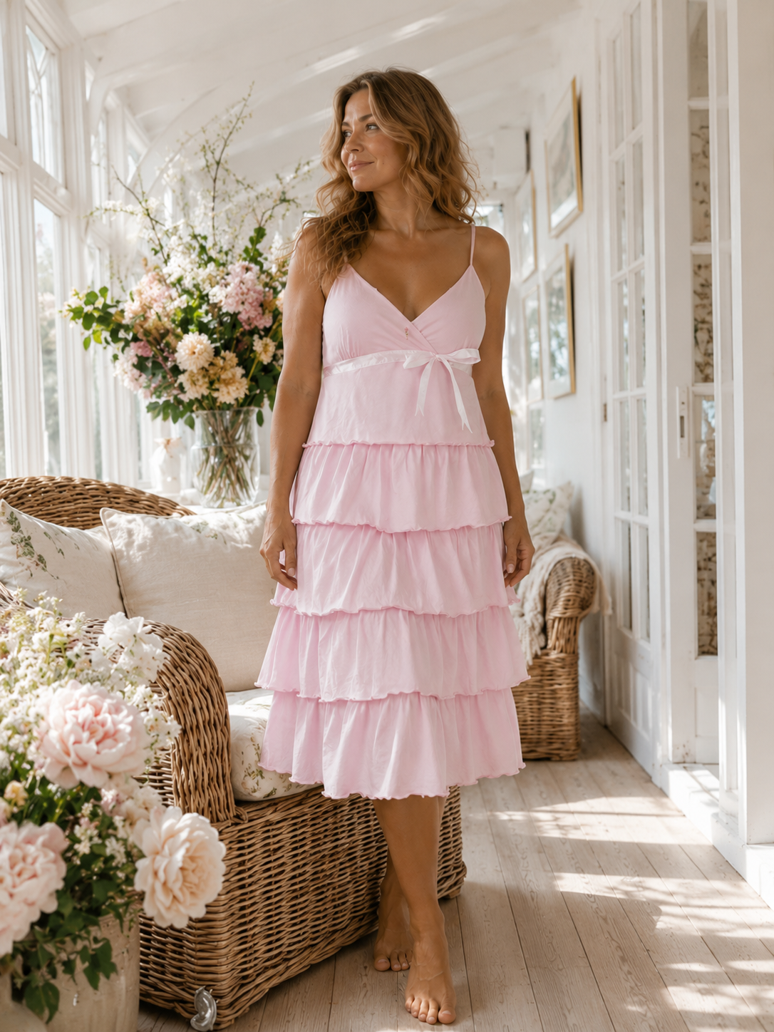 Model wearing a pink tiered cotton nightie in a sunlit sunroom