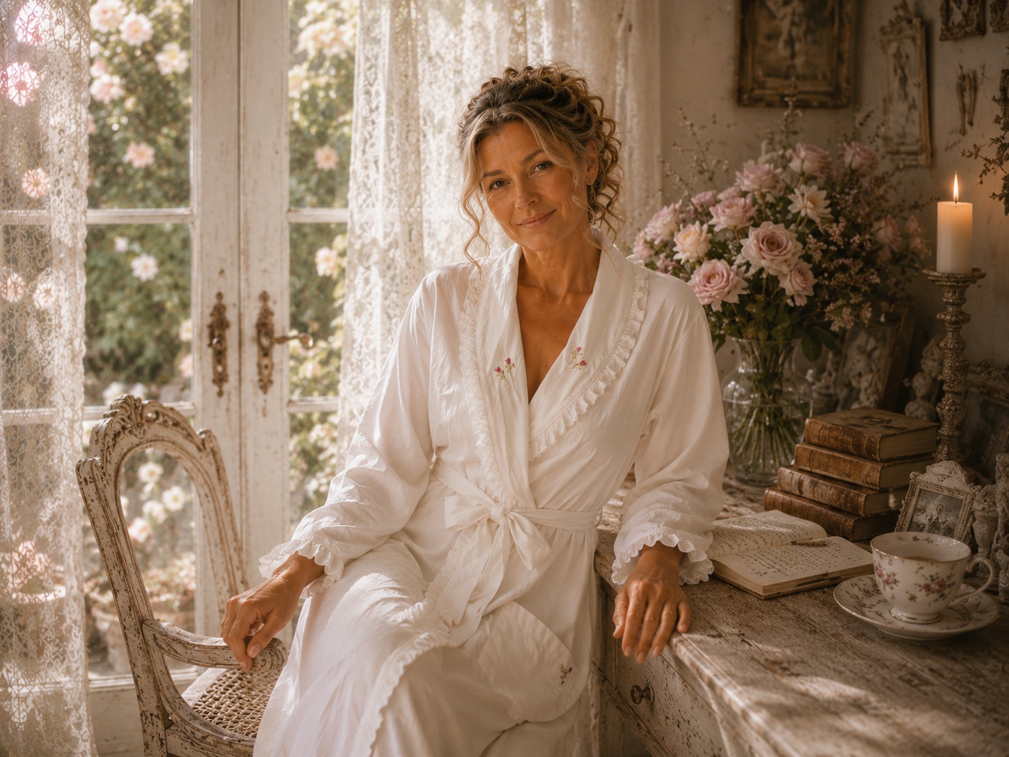 Model wearing a white cotton robe with ruffled trim beside a lace-curtained window