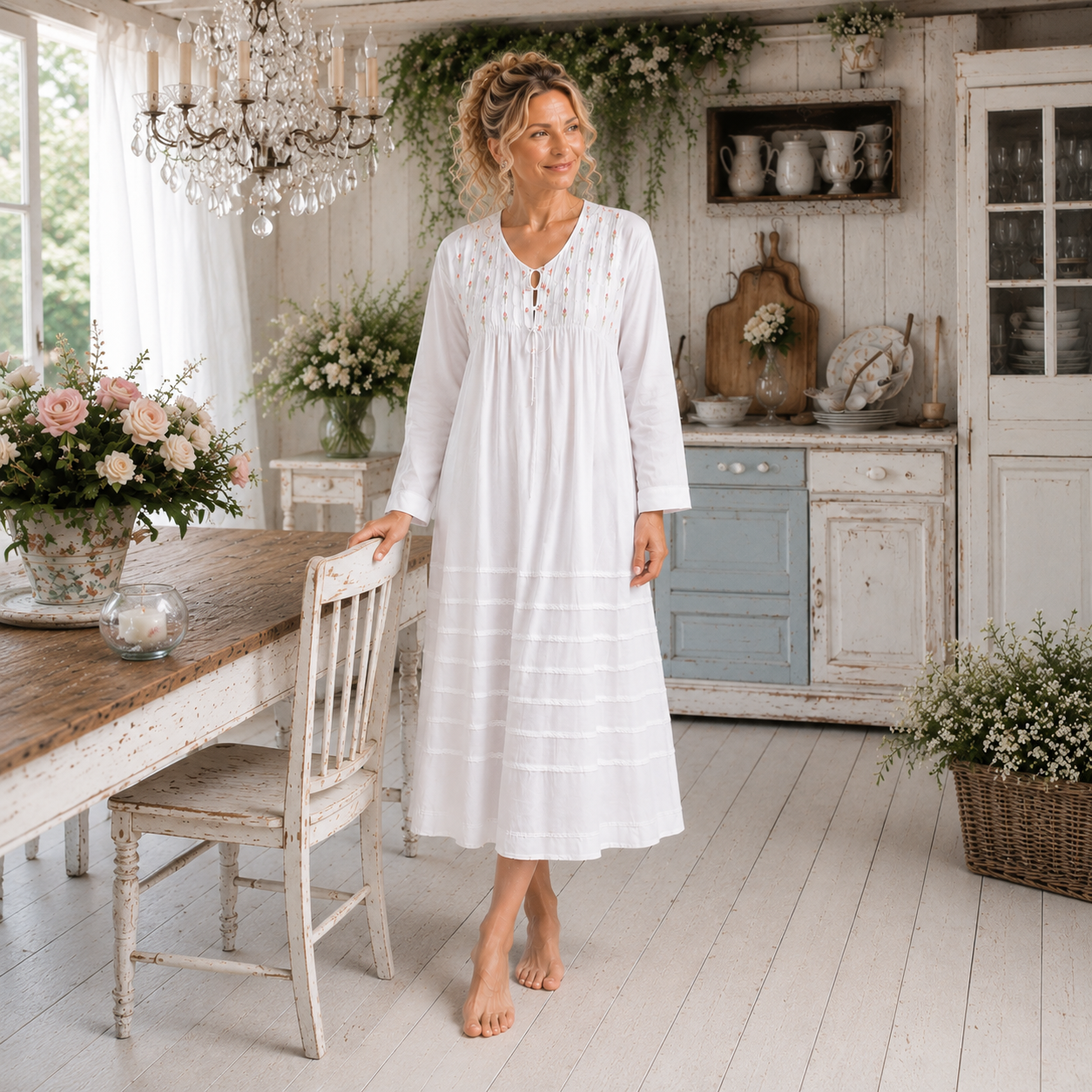 Model in a white embroidered cotton nightgown in a country cottage kitchen
