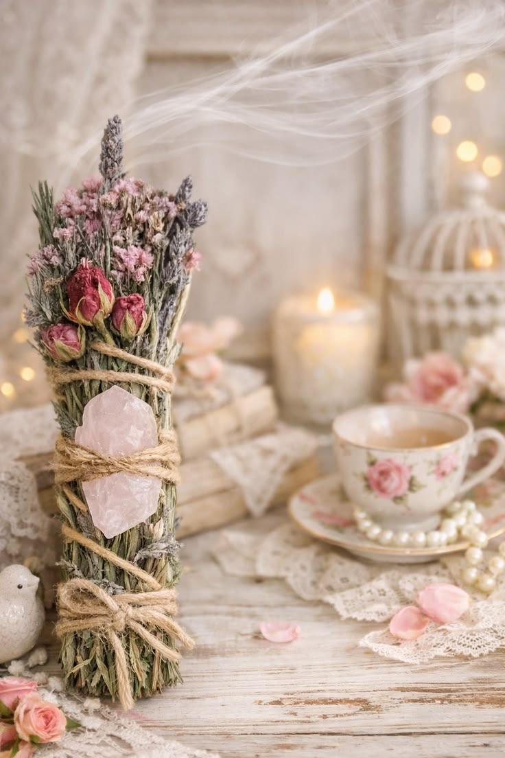 Tea, dried flowers and candlelight on a bedside table