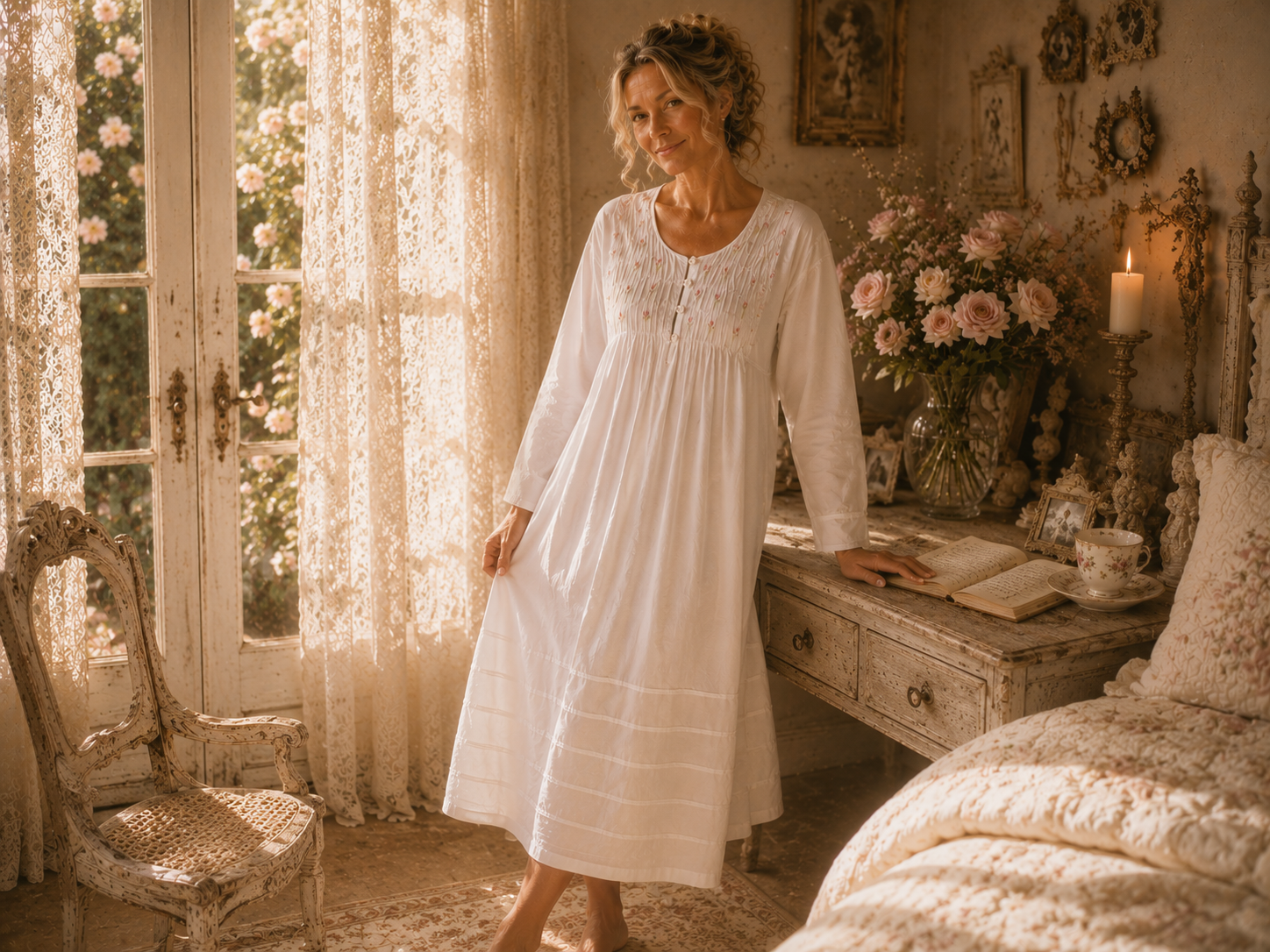 Model wearing the white Phoebe cotton nightie beside sunlit lace curtains